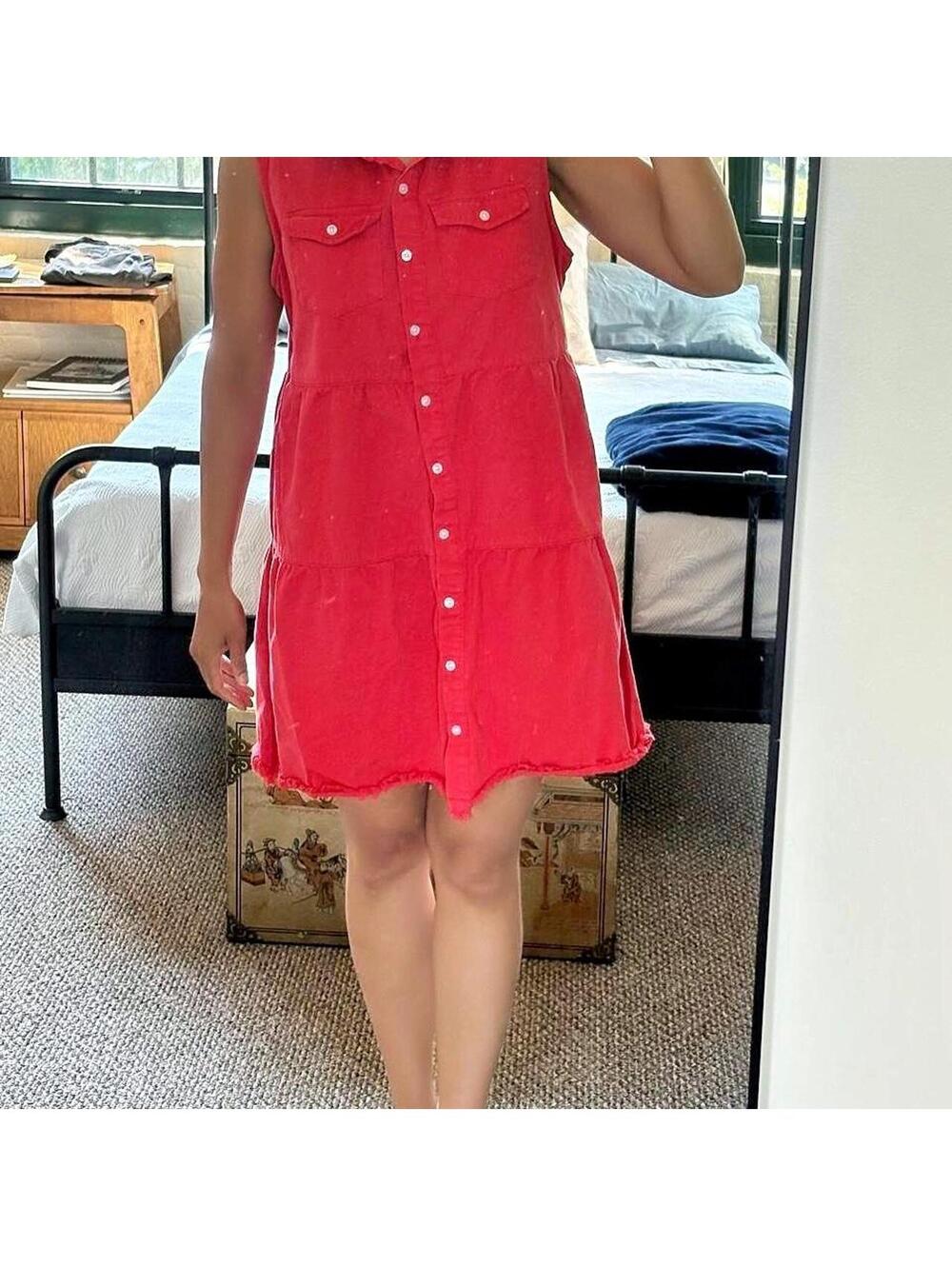 Oversized Red denim Luvamia dress with button up front and pockets!